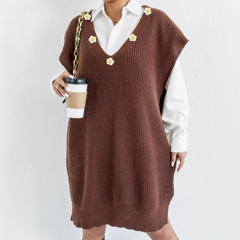 

Hand Crocheted Floral Patchwork Vest Women s Sweater Dress Loose Vest Dress Deep V Vest (Belt Not Included) Free size кавовий