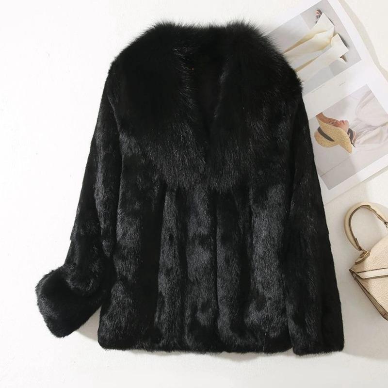 Trendy Winter Plus Size Short Faux Rabbit Fur Coat Faux Leather Fox Fur Collar Shearling Integrated Warm Outerwear