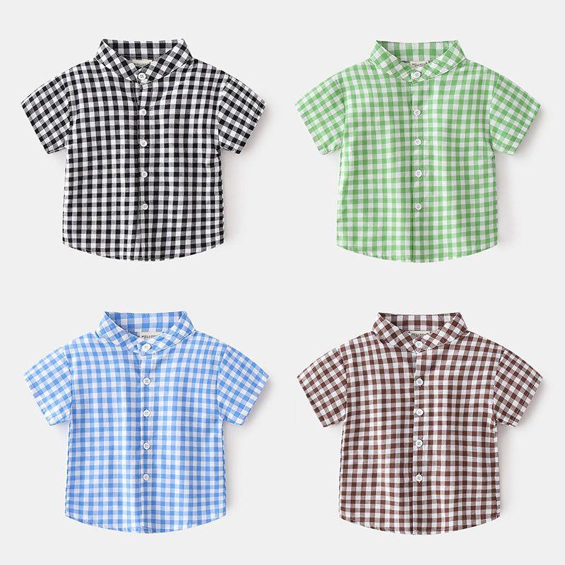 Summer Boys' Lapel Casual Short-Sleeved Top K-style Kids Fashion Small Gingham Baby Stand Collar Button Shirt
