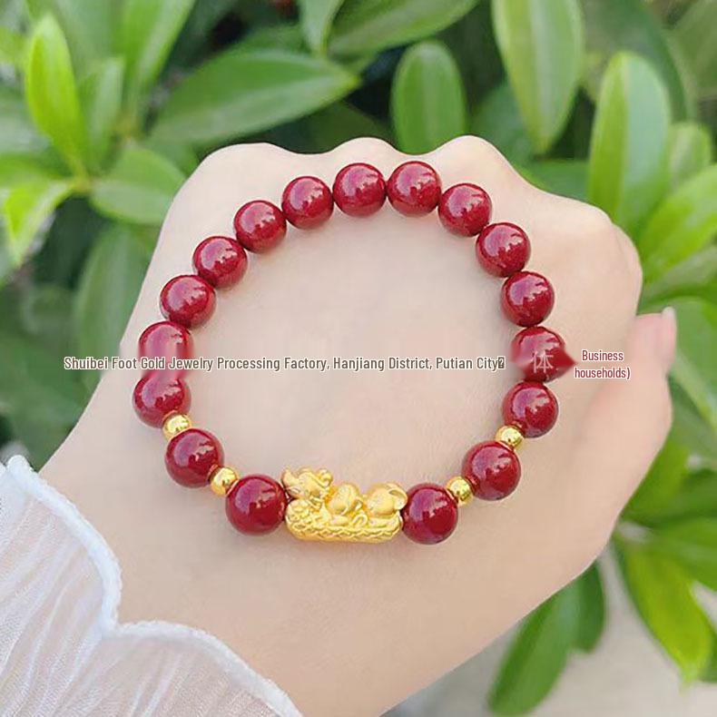 Gold Cinnabar Pixiu Bracelet with Lucky Beads and Curved Tube for Women – 999 Pure Gold DIY Gift