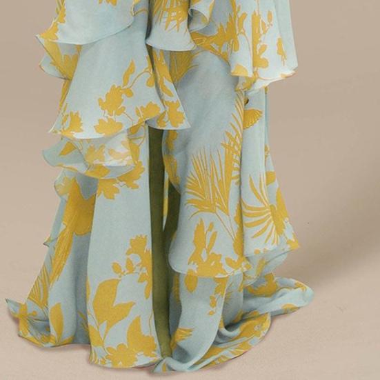 Long Dress Deep V Neck Lace-up Tight Waist Flowy Splicing Irregular Hem Ruffle