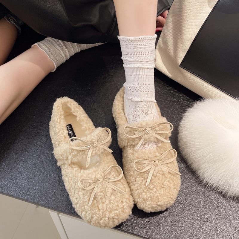 Sweet Bow Flat-bottomed Lamb Wool Velvet Cotton Shoes for Women, New Winter Wear Warm Wool Shoes