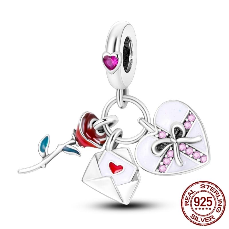 Copper ValentineS Day Couple Love Heart Rose Pendants Charm Bead Fits Genuine Bracelets DoItYourself Jewellery Gifts Women
