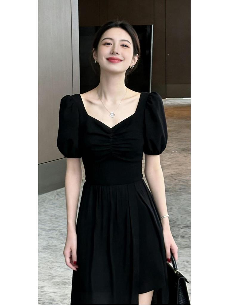 Elegant French Slimming V-neck Slit Dress - Korean Style, Plus Size, Perfect for Outings