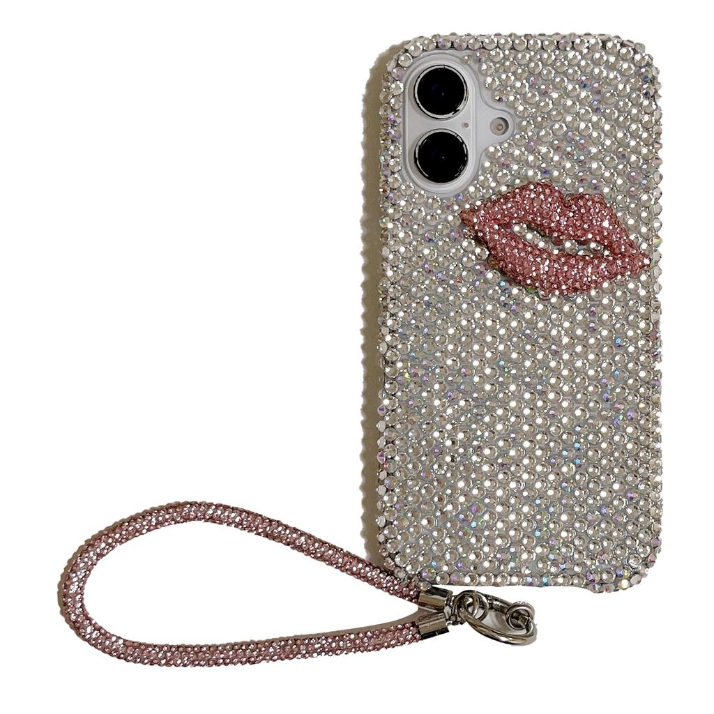For iPhone 16 Case with Strap Full Rhinestone Lip Decor TPU+PC Phone Back Cover