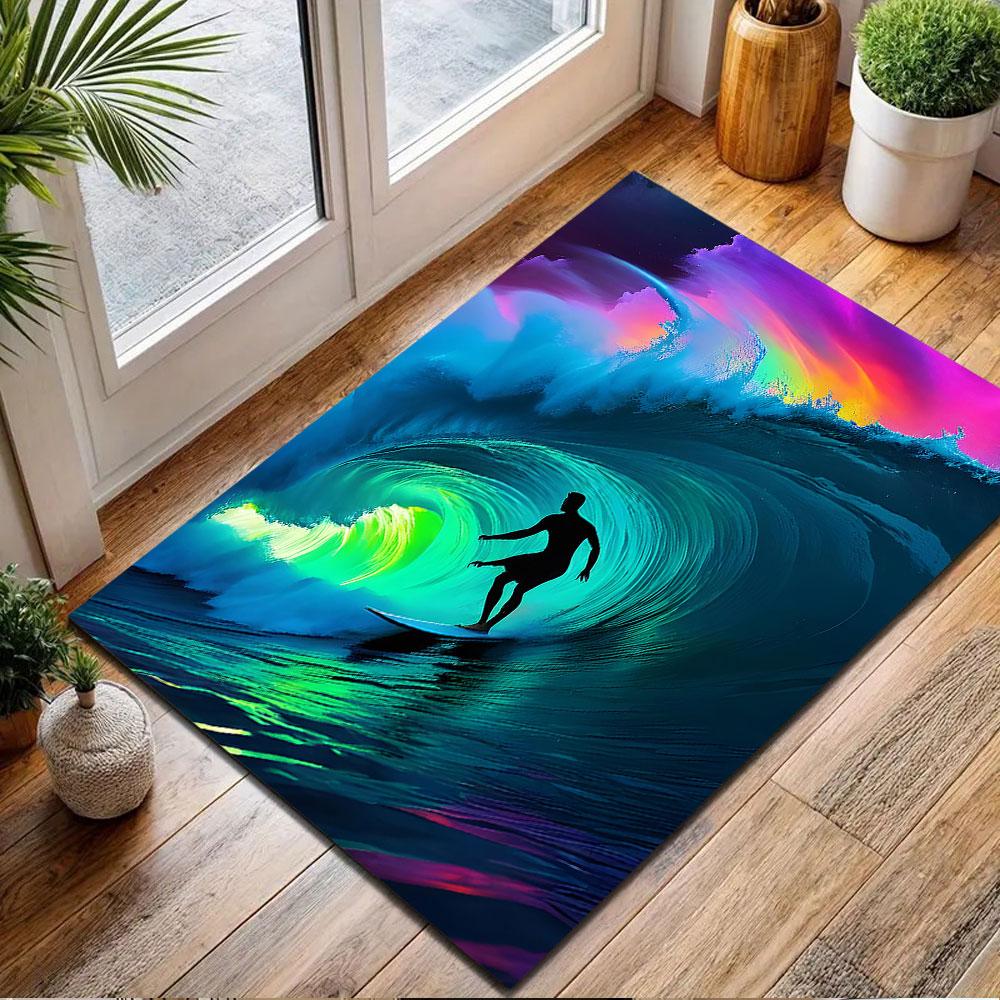 "Surfer Riding Neon Waves Art Design" Patterned carpet, non slip mat suitable for living room and bedroom sofas