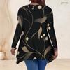 Women Plus Size V Neck Long Sleeve Irregular Split Hem Tunic Top Black Golden Swirl Print