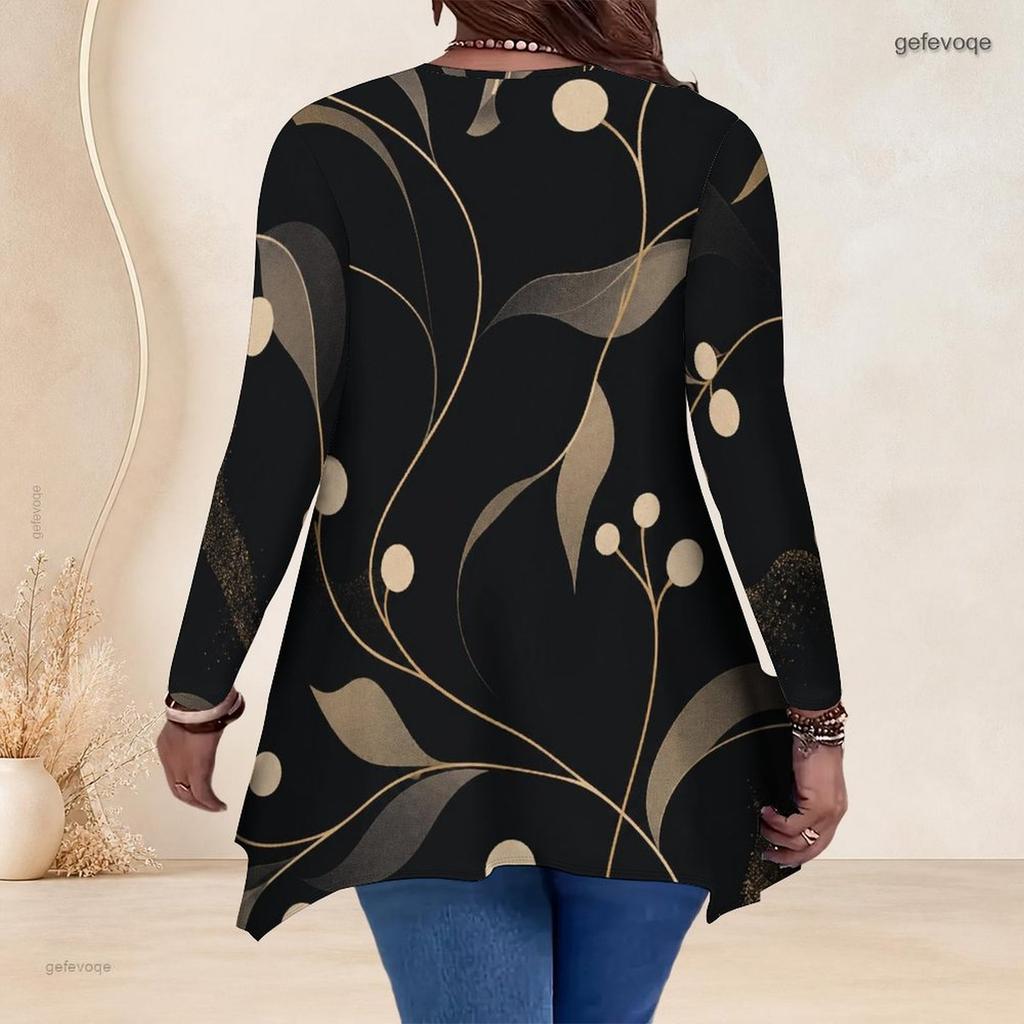 Women Plus Size V Neck Long Sleeve Irregular Split Hem Tunic Top Black Golden Swirl Print