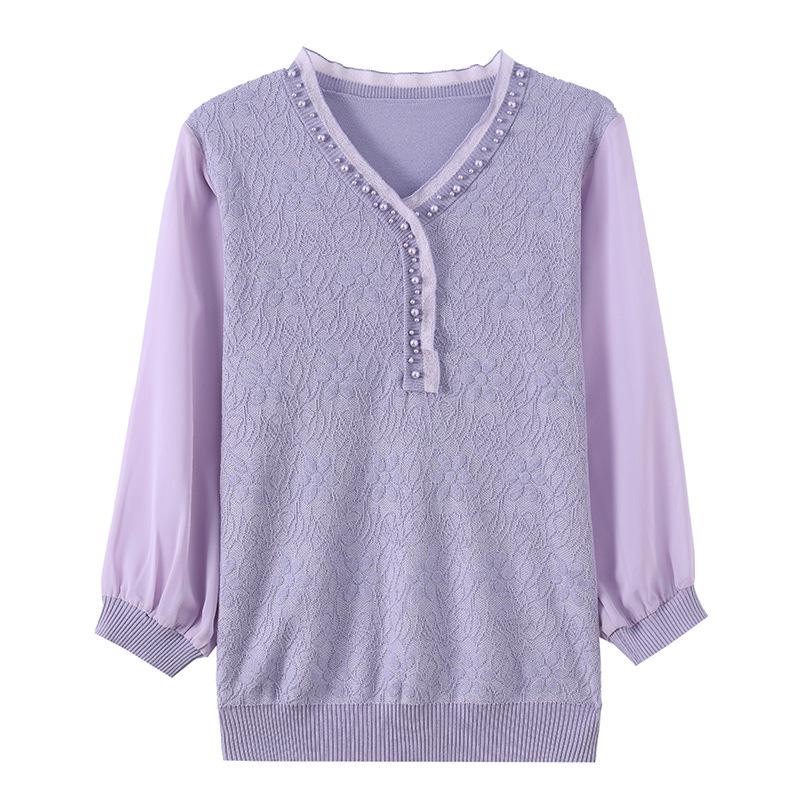 Mom's Spring Three-Quarter Sleeve Knit Top for Middle-Aged and Elderly Women