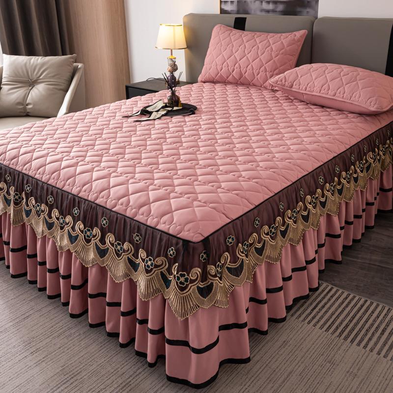 1pc Lace Bed Skirt Solid Color Mattress Cover Quilted Bedspread tagesdecke Ruffles Bed Covers with Elastic Band (No Pillowcase)