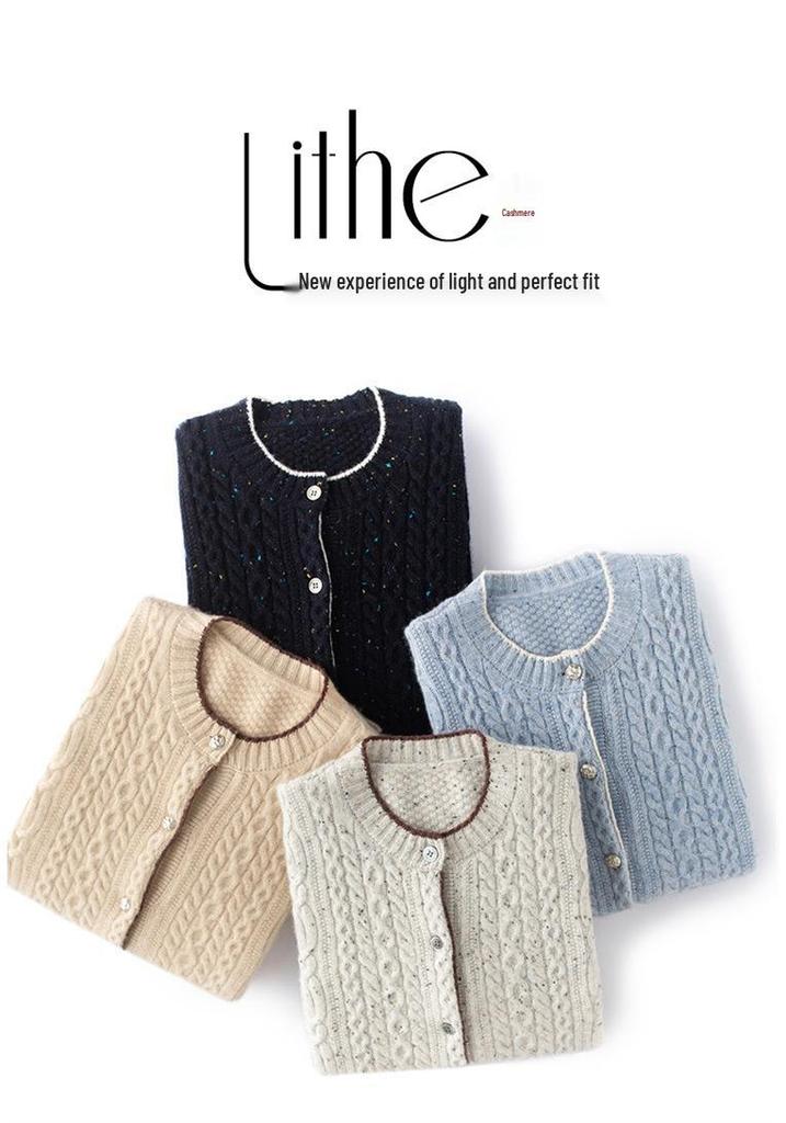 Women's Autumn/Winter Cashmere Knit Cardigan - Versatile Round Neck Elegant Cable Sweater Coat