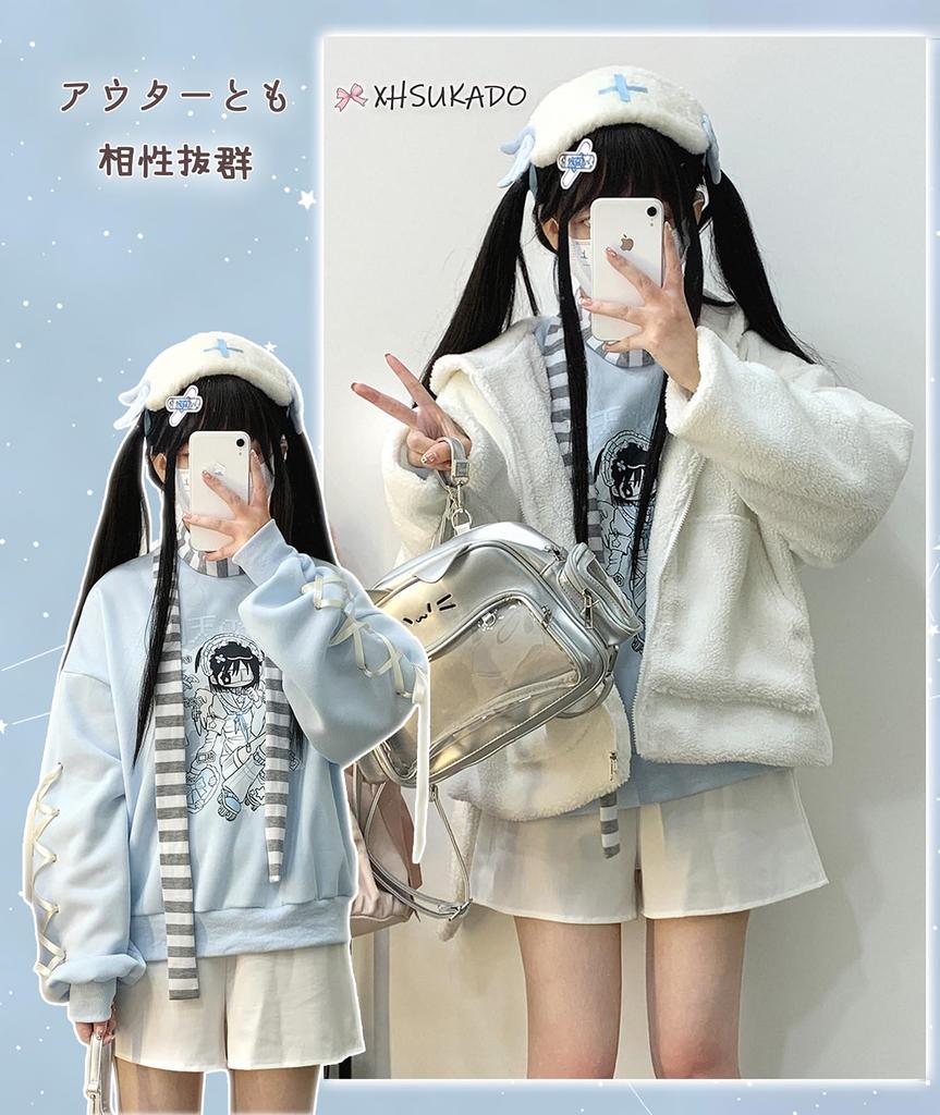 XHSUKADO Hoodie In Light Blue with Ribbon and Cute This Top Features Long Sleeves and Is Perfect for Perfect for and Women's Lace-Up Print.