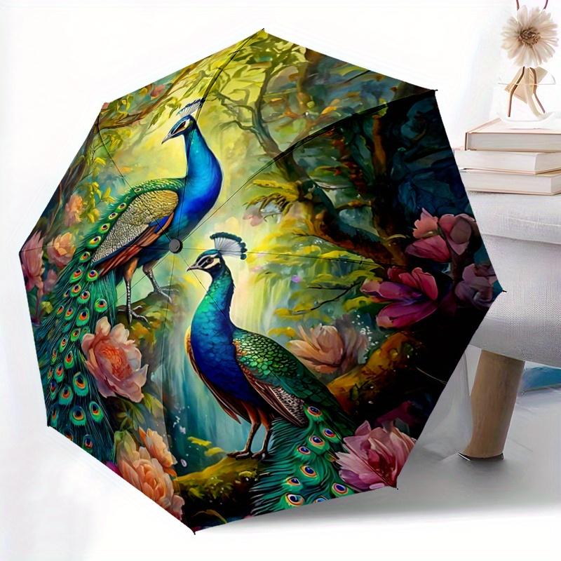 1pc Two Peacocks in Flowers Cartoon Umbrella, Portable 3-Fold Compact Umbrella, Suitable for Camping, Hiking and Travel, Ideal Easter Birthday Gi