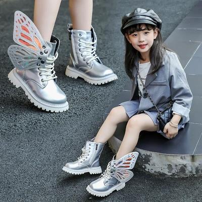 Stivali da Ragazza Autunno Moda Farfalla Principessa Botas Casual Antiscivolo Stivaletti Argento Vernice Scarpe Bambino