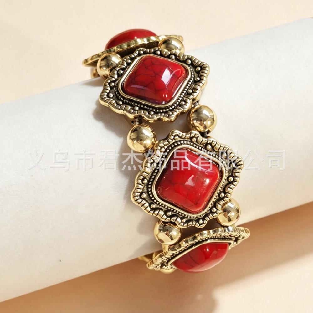 European and American Ethnic Style Personalized Retro Alloy Turquoise Elastic Bracelet Women's Bohemian Bracelet Jewelry