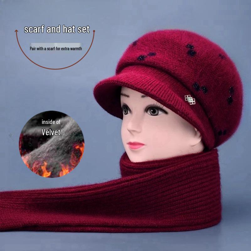 Elegancki dziergany kapelusz typu kaczy dziób z ochroną uszu dla kobiet, jesienno-zimowy, podszyty aksamitem