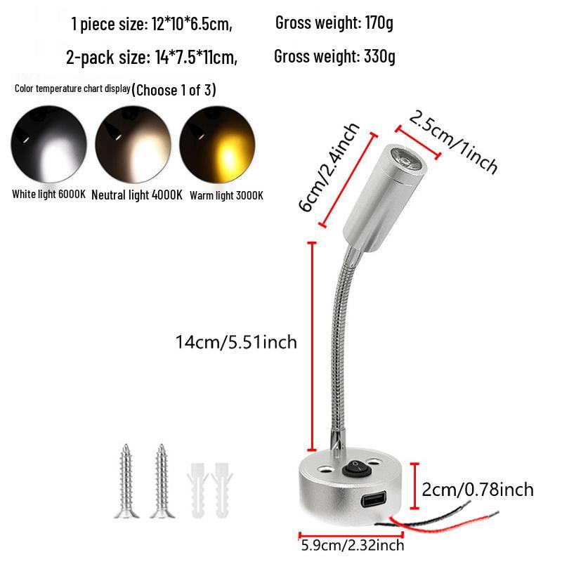 12V LED RV Bedside Reading Light with USB, 3W Yacht Marine Interior Lamp.