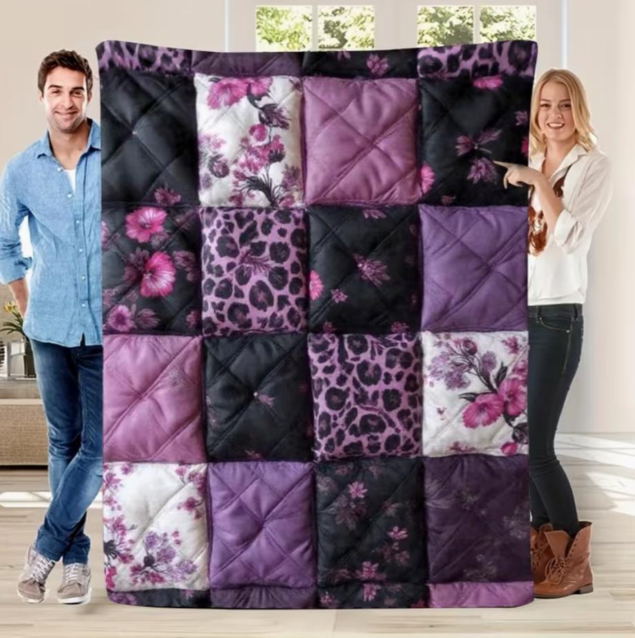 1 Piece of Soft and Warm Flannel Blanket, Suitable for Purple Tulip Flower Heart Checkered Love Flower, Purple Home Decoration