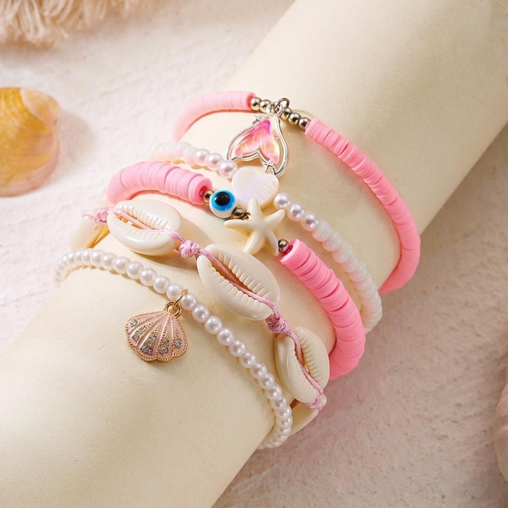 5pcs/set Bohemian Starfish Shell Imitation Pearl Bracelet for Women Ethnic Style Pink Beads Fishtail Flower Bangle Beach Jewelry
