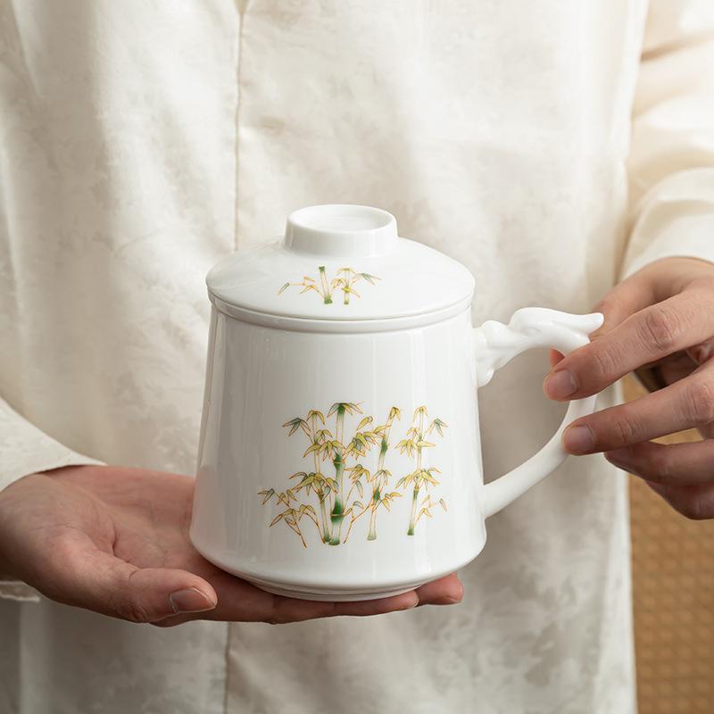 Chinese Gold Silk Dehua White Porcelain Mug Ceramic Large Capacity Office Cup with Lid Tea Separation Cup