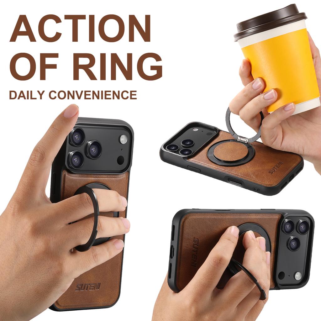 360 Rotating Magnetic Kickstand Waxed Grain Leather Phone Case for iPhone 17 Pro Max 16 15 14 13 12 Shockproof For Magsafe Cover