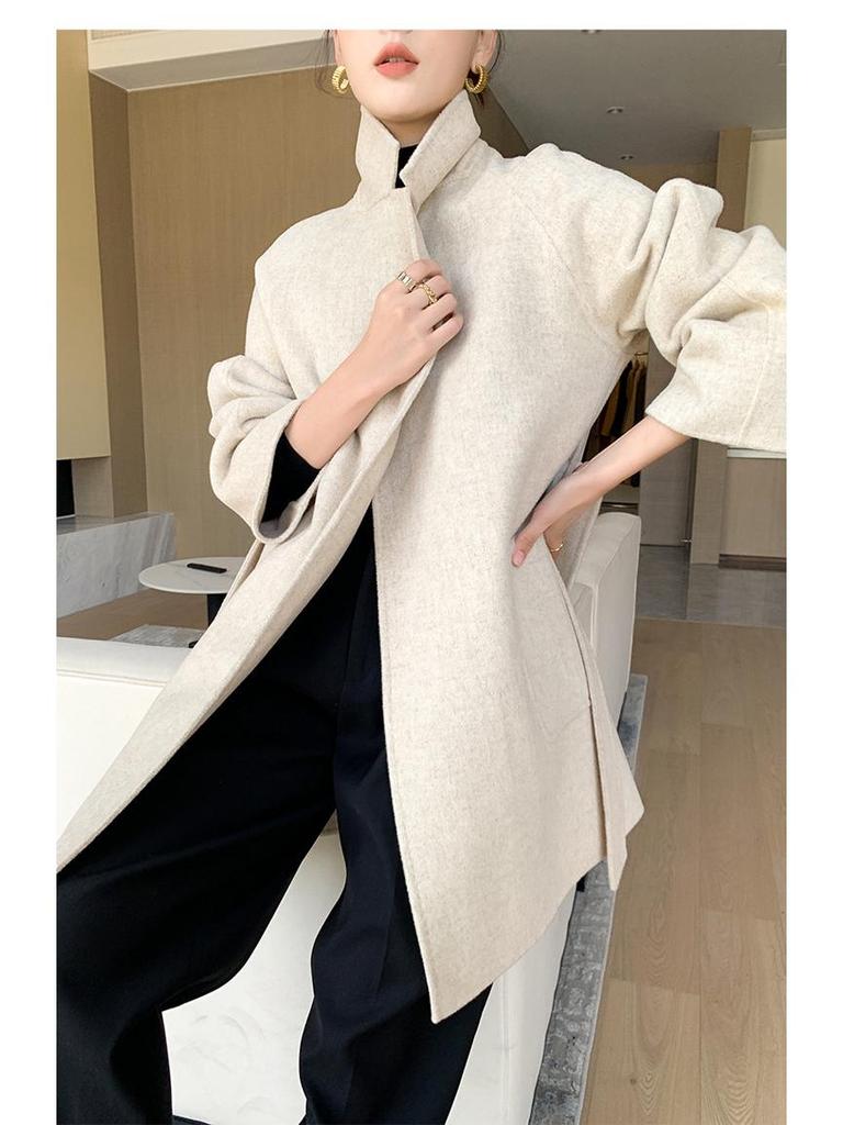 Women's High-End Double-Faced Wool Coat - New Autumn/Winter Style, Loose Mid-Length, Tie-Waist, 100% Wool Fashion Coat.