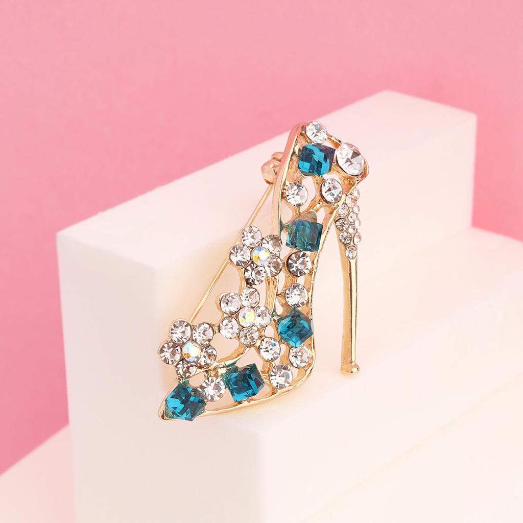 European and American Rhinestone High-Heeled Shoe Brooch with Cute Dripping Oil Design
