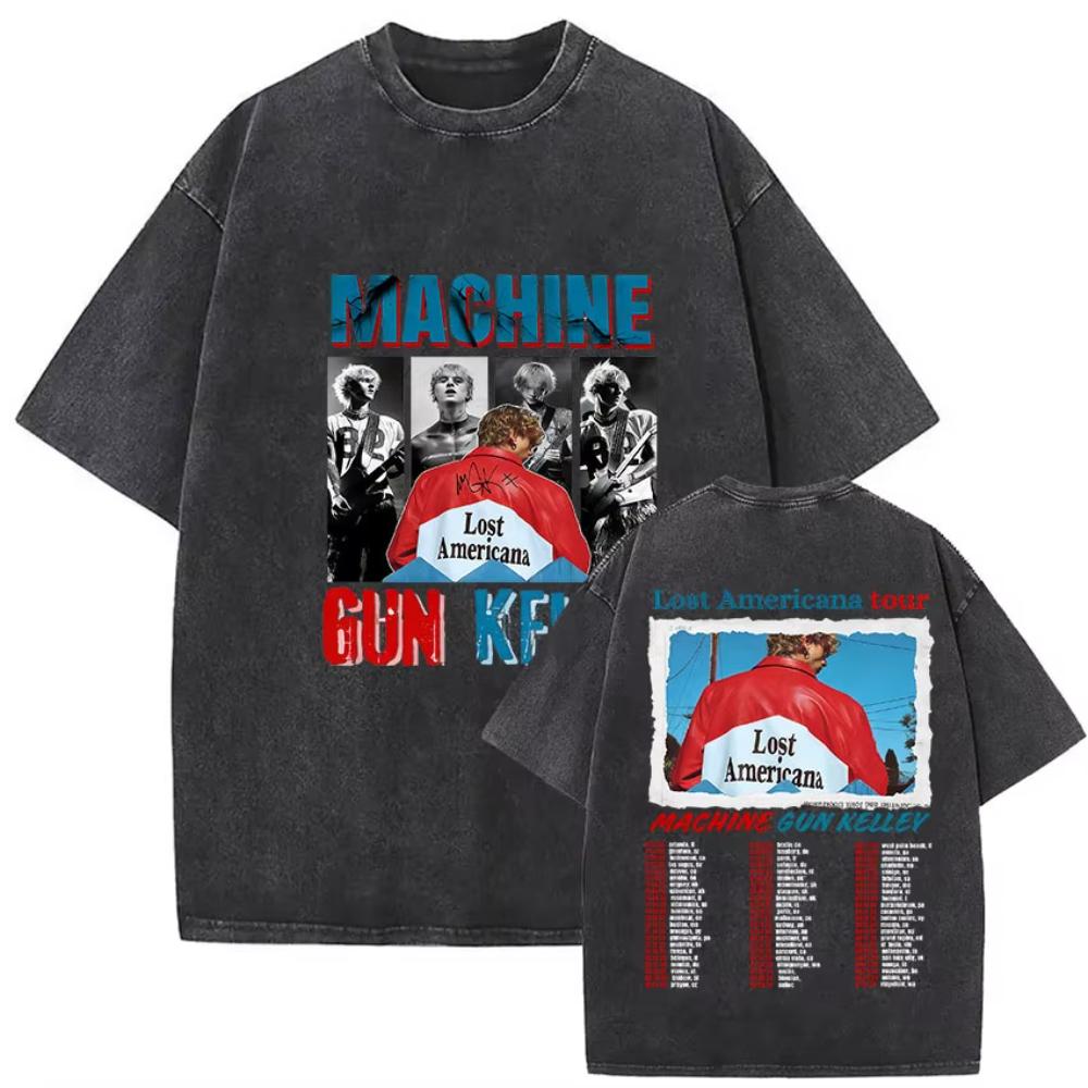 Vintage Washed MGK Lost Americana Tour Print Tshirts Men Women Harajuku High Quality Fashion Oversized Cotton T Shirt