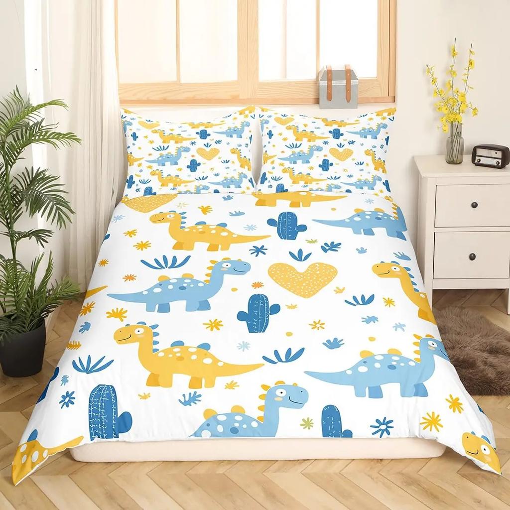 Kawaii Dinosaur Duvet Cover Queen Size For Kids, Cute Colorful Cartoon Soft Comforter Covers With Zipper Closure Bedroom Bedding