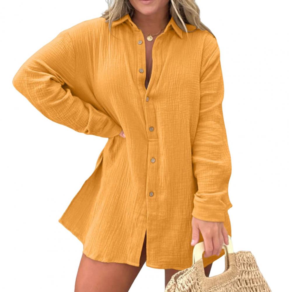 2 Pcs/Set Women Shirt Shorts Set Solid Color Long Sleeves Lapel Collar Single-breasted Split Blouse High Waist Loose Above Knee