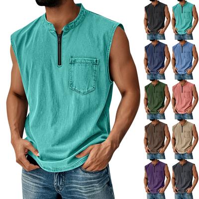 Men Sleeveless Vest Summer Casual Washed Cotton Sport Tank Top with Zipper and Chest Pocket Lightweight Breathable