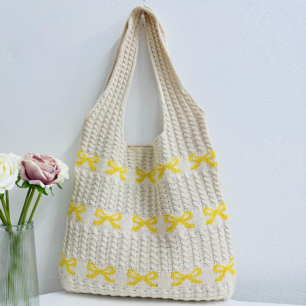 Women Crochet Shoulder Bag Large Capacity Bow Pattern Crochet Tote Bag Multifunctional Fashion Woven Bag for Shopping Traveling
