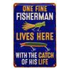 Vintage "One Fine Fisherman Lives Here with The Catch Of His Life" Metal Tin Sign - 8x12inch - Rustic Blue & Yellow Wall Decor