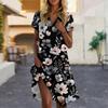 Women's Casual Fashion Lapel Floral Print Dress Short Sleeve V Neck Short Skirt