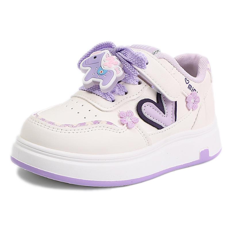 Girls' 2026 Spring Leather Casual White Cartoon Sneakers with Soft Soles