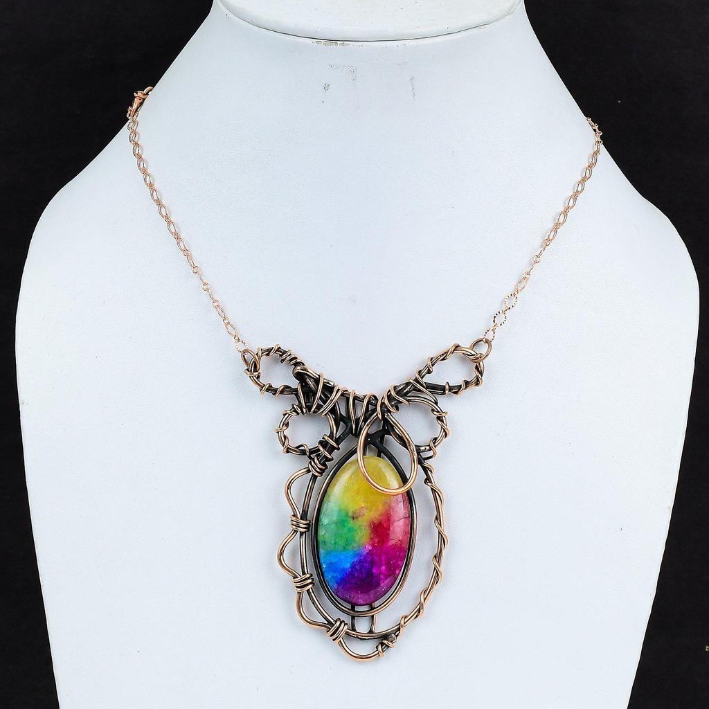 Duhový solární křemen druzy náhrdelník Měděným drátem obalený drahokamový náhrdelník Nastavitelný řetízkový náhrdelník Měděné ručně vyráběné šperky Zásnubní dárky
