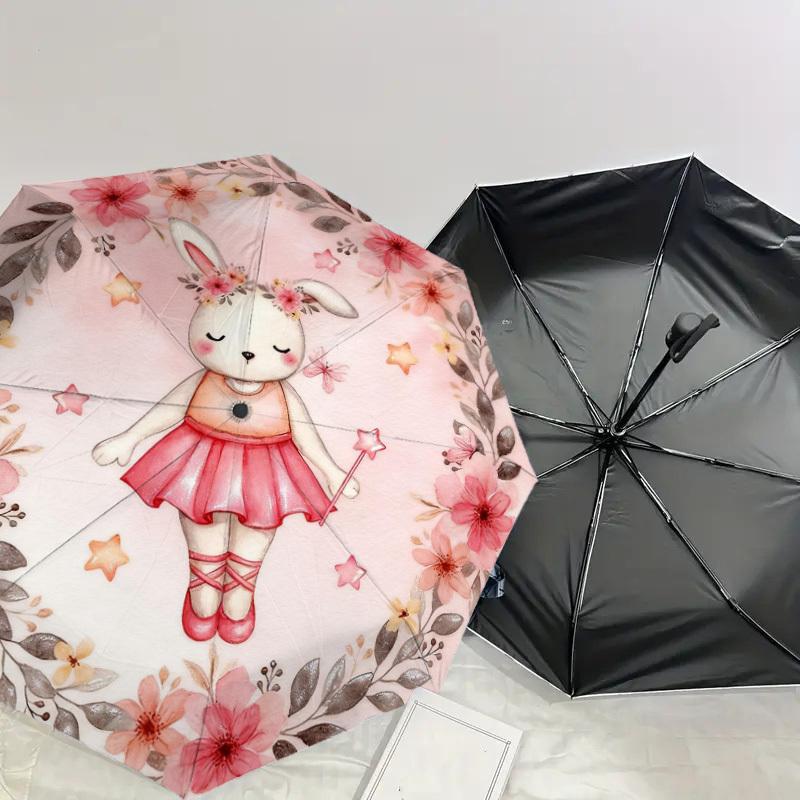 1pc rabbit ballerina Automatic Folding Umbrella, Heavy Duty 8 Rib Iron Frame,  Suitable for Travel, Daily Use, Birthday, Decor Gift m0104033