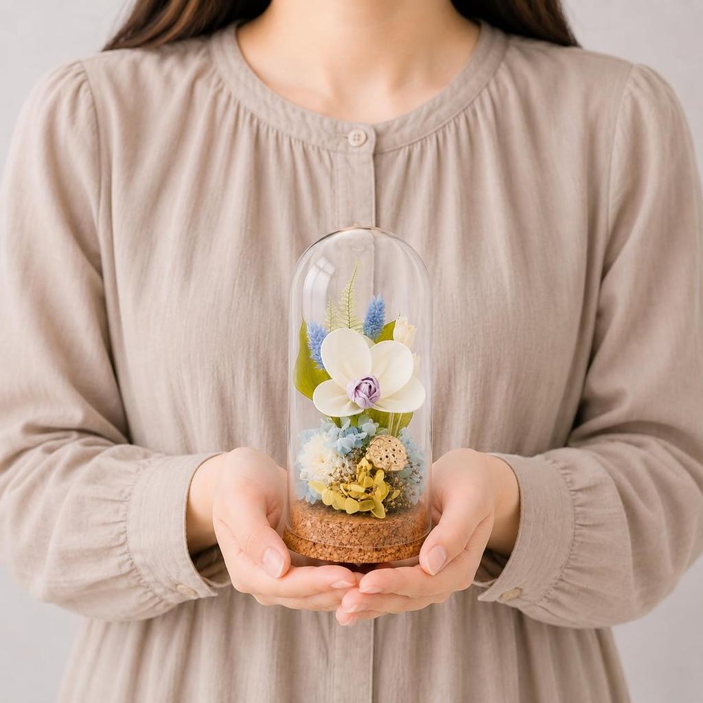 Mirai Agris PD Collection Preserved Flowers in Glass Dome Blue L Size, Japanese Buddhist Altar Floral Memorial Tribute Orchid and Mum