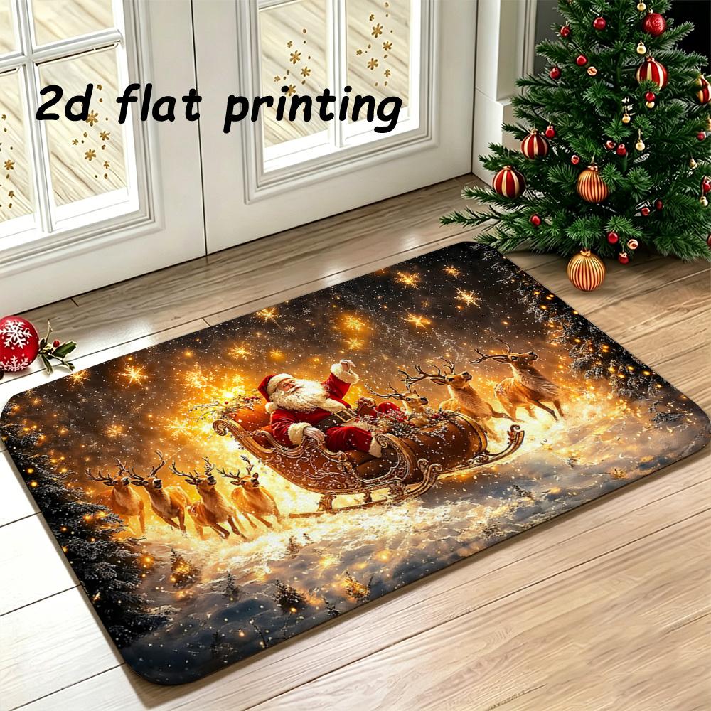 2D Flat Printing, 1pc Starry Night Sleigh Santa Claus Christmas Mat, Fleece 0.8Cm Thick, Soft And Non-Slip, Suitable for Christmas Home Decor, Machine