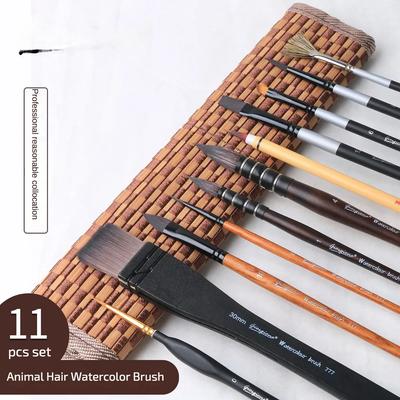 Bambusvorhang 11 Stück Tierhaarbürsten-Set Nylonhaar Aquarell-Fächerförmige Pigmentplatte Pinsel Professioneller Pinsel