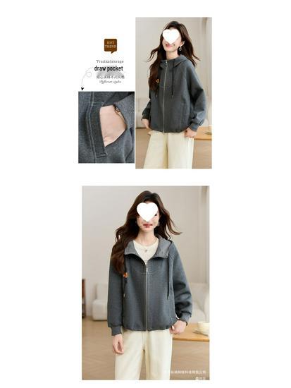 Women's Gray Hooded Sweatshirt - Short Jacket for Spring and Autumn, Loose Fit, Trendy and Casual.
