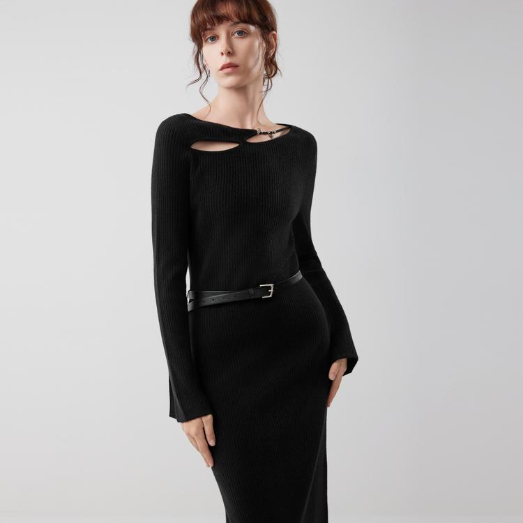 ELLE French Irregular Fashion Design Off-Shoulder Casual Versatile Waist-Defined Knitted Long Dress Long Sleeve Dress Women dresses EL52653