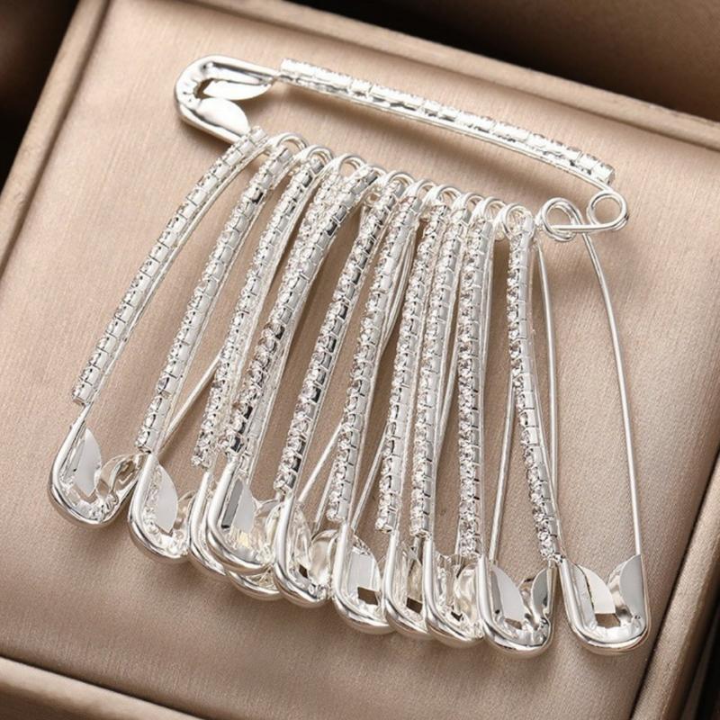 12Pcs Sparkly Safety Pin Brooch Gold Silver Rhinestone Brooches Stylish Tassel Decor Accessories Elegant Party Clothing Pins