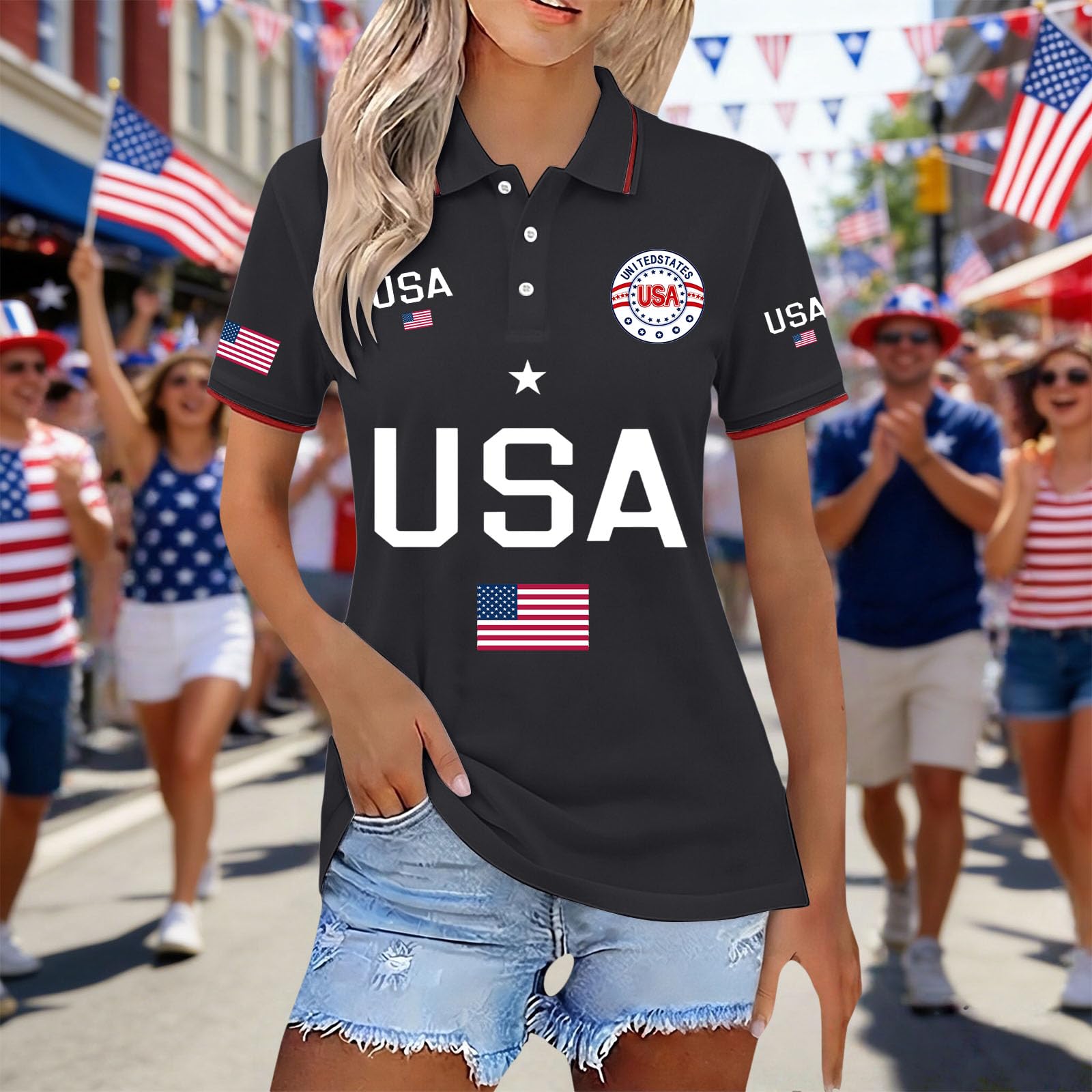 

Anniversary USA Shirt For Woman Patriotic USA Flag T-shirt Size Button Up Lapel Shirts Tops L чёрный