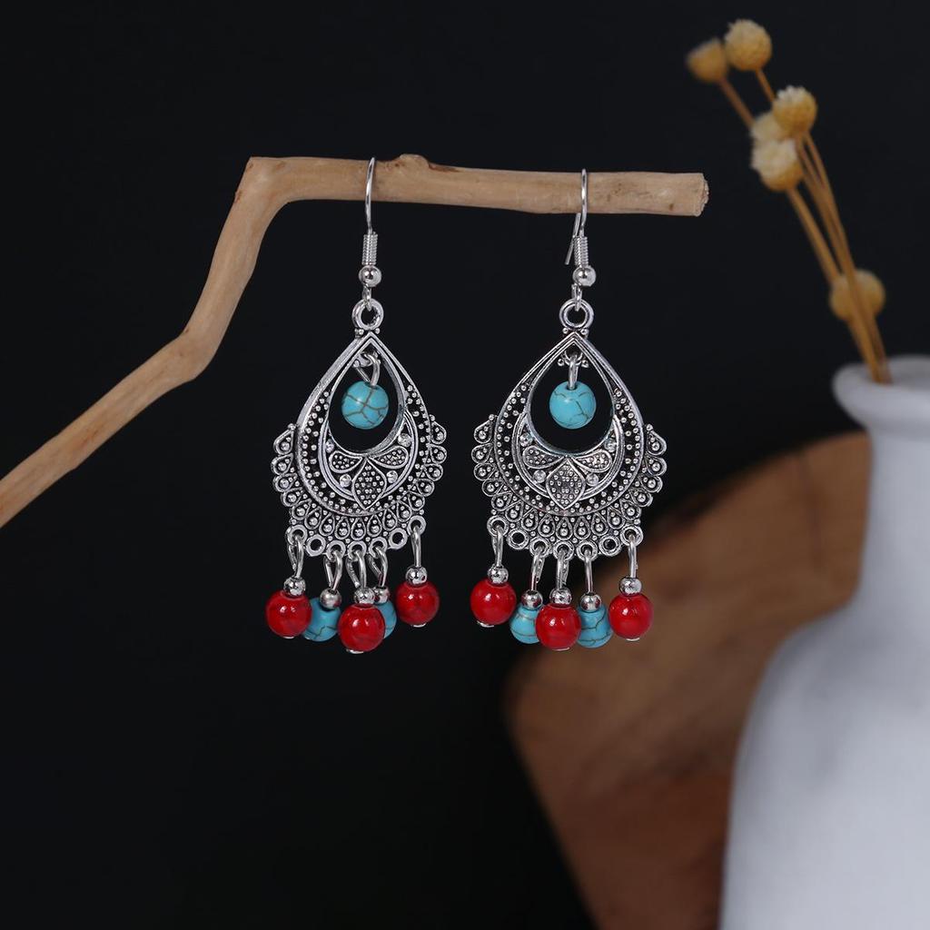 Bohemian Ethnic Oval Tassel Earrings with Beads