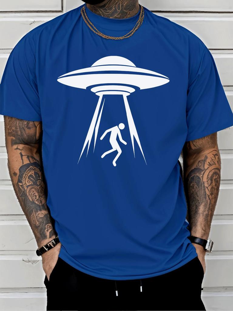 2026 New Unisex Royal Blue Crew Neck Tee White UFO Alien Abduction Silhouette Flying Saucer Space Sci Fi Graphic Casual Cotton Tops