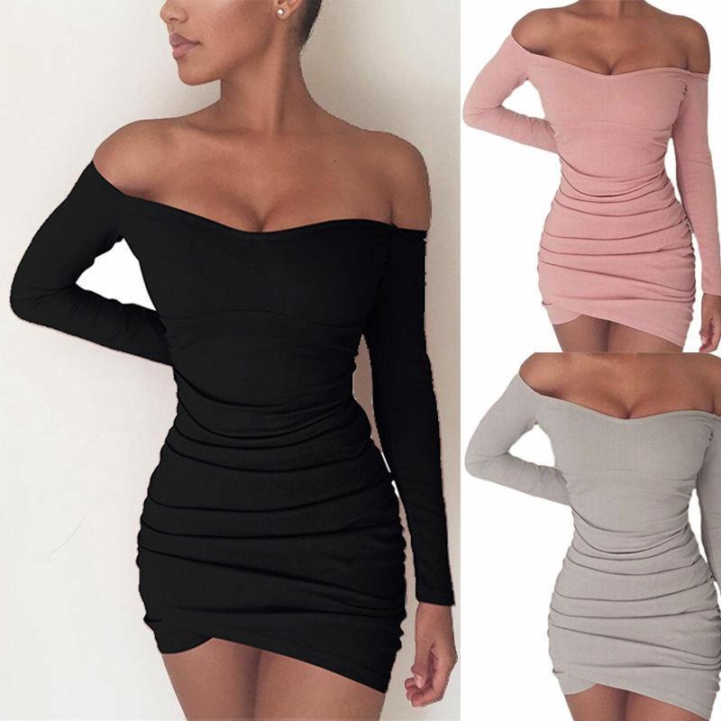 Elegant Women Long Sleeve Off Shoulder Evening Cocktail Party Club Bodycon Mini Dress Us