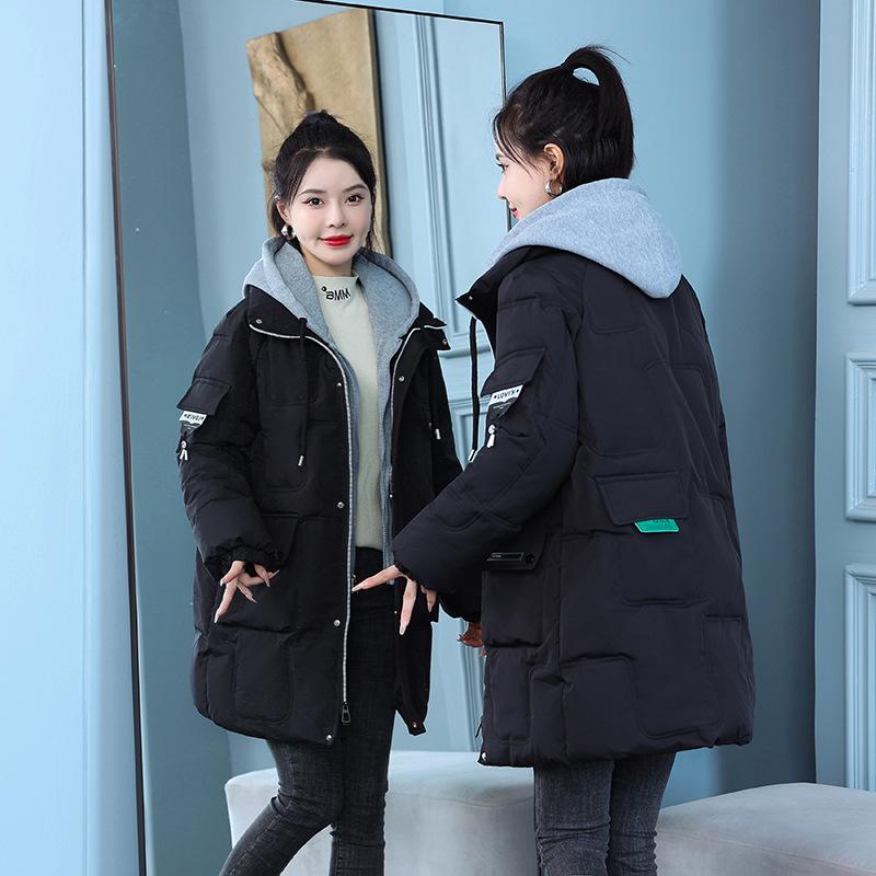 Fake Two Down Cotton Jackets, Women's Mid-length Trendy Candy Colors, Korean Loose Casual Cotton Jackets, Plus-size Padded Jackets