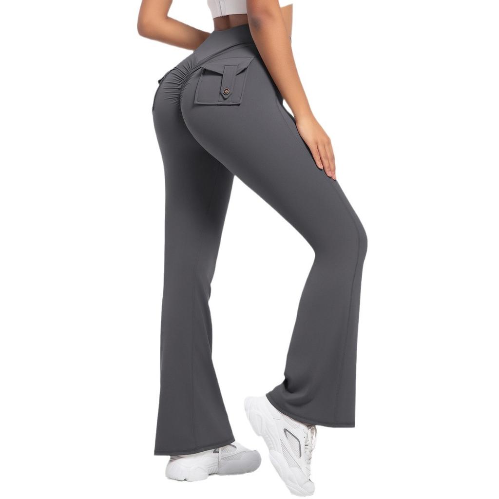 Fashion Casual Comfort Versatile Button Peach Lift Hip Yoga Flare Pants Fitness Sports Wide Leg Micro Pants High Waist Quick Dry Yoga Pants Women