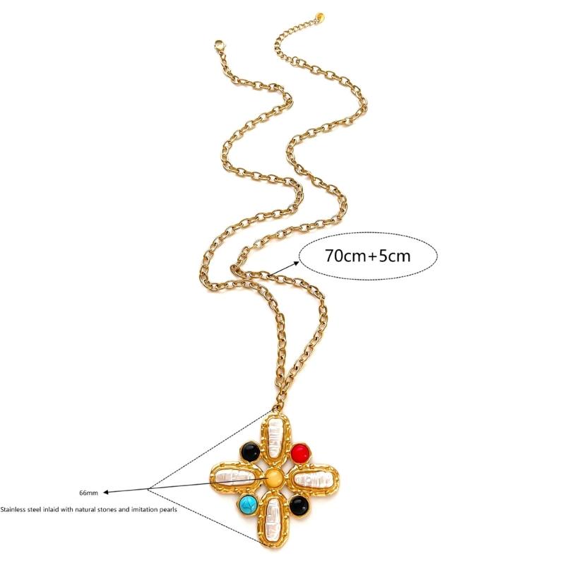 Lång Lager Kors Berlock Halsband Stadigt Rostfritt Stål Smycken Med Ädelstenar Och Imitationspärlor Detaljer